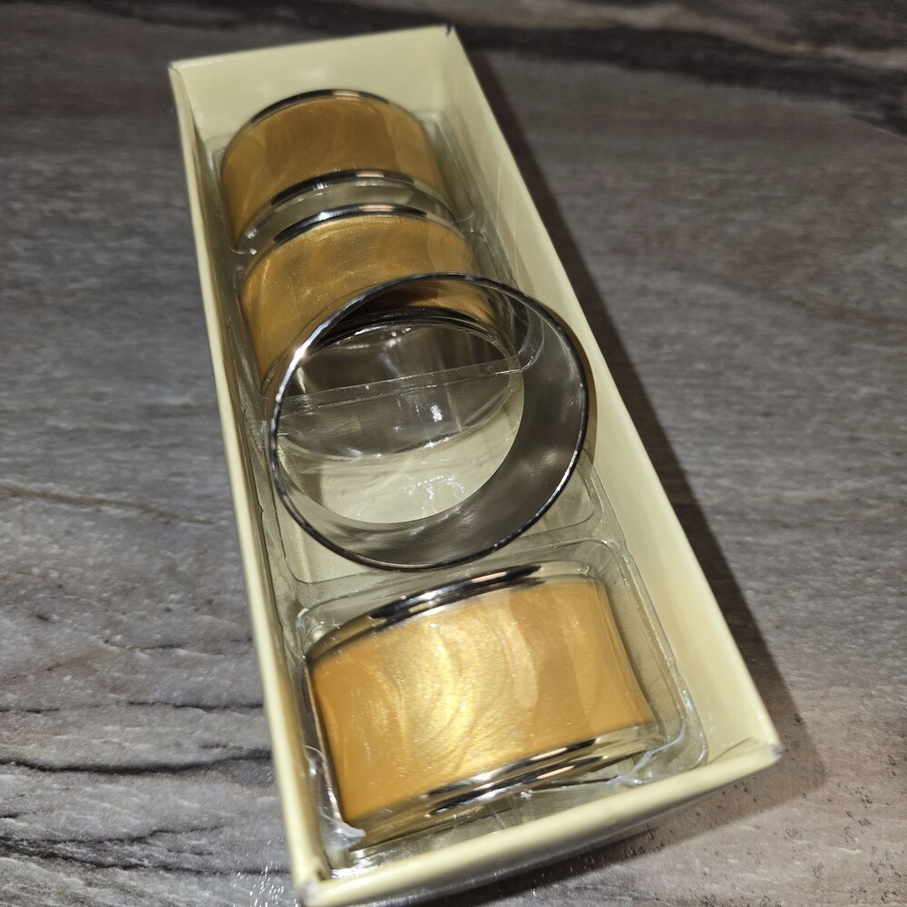Lenox Gold Enamel Napkin Rings Set of 4 Silver Tone Trim NIB Table Decor - Picture 4 of 6